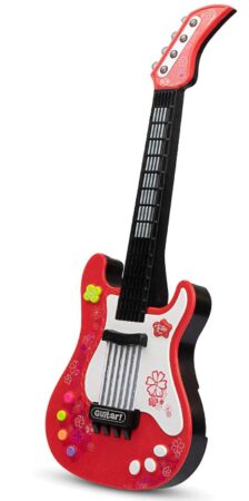 This is an image of kid's electric guitar toy with vibrant in red and white colors