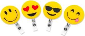 This is an image of kids badges at nursery, Finex 4 Pcs Set Emoji Smiling Face Badge ID Clip Reel Retractable Holder Office Work Nurse Name Badge Tag Clip On Card Holders Cute - 30 inch Cord Extension