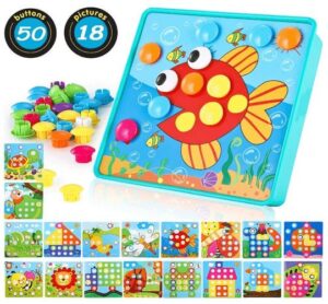 TINOTEEN Button Art Toy for Toddlers,Toddler Activities Crafts Color Matching Early Learning Educational Mosaic Pegboard 50 Buttons and 18 Pictures