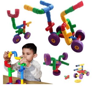 This is an image of arts and crafts of kids 3 year olds, Skoolzy STEM Toys for Boys and Girls - Pipes & Joints Building Blocks Construction Sets for Kids - Fun Toddlers Fine Motor Skills Engineering | Best Gift Educational Toy for Age 3 4 5 Year Olds