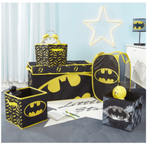 This is an image of kids batman bedroom storage set, Idea Nuova Batman Storage Set Trunk, Two Pack Cubes, One Sequin Cube and One Hamper