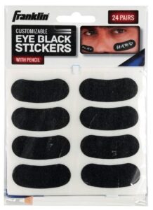 This is an image of kids Franklin Sports Eye Black Stickers for Kids - Customizable Lettering Baseball and Football Eye Black Stickers - White Pencil Included