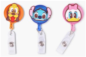 This is an image of kids badges at nursery , 3 Pack Cartoon Badge Holder, Cute Duck Lovely Dog Pattern Badge Reel Retractable ID Card Badge Holder Decorative Badge Reel Clip for Kids
