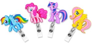 This is an image of kids badges at nursery , Finex 4 Pcs Set My Little Pony Badge ID Clip Reel Retractable Holder Office Work Nurse Name Badge Tag Clip On 30 inch Cord Extension Fluttershy Rainbow Dash Twilight Sparkle Pinkie Pie