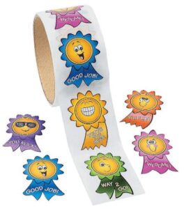 This is an image of kids badges at nursery ,Fun Express Motivational Smiley Face Stickers - 1 Piece - Educational and Learning Activities for Kids