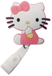 This is an image of kids badges at nursery, Cartoon Retractable Badge Reel - Holder for ID and Name Tag with Belt Clip, Improved Reel & Strap (Hello Kitty)