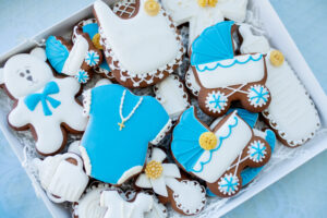 this is an image of baby boy christening cookies