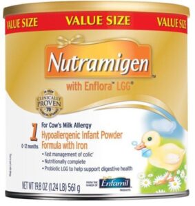 orange tub of baby formula with "Nutramigen" written on it