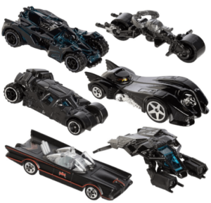 This is an image of toddlers batman cars toy, Hot Wheels, 2015 Batman, Bundle Set of 6 Exclusive Die-Cast Vehicles