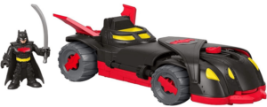 This is an image of toddlers batman car and batman fugure, Fisher-Price Imaginext DC Super Friends, Ninja Armor Batmobile