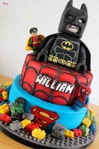 batman cake with Lego surrounding the base 