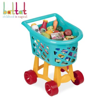 this is an image of kid's battat grocery shopping cart in multi-colored colors