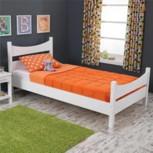 white KidKraft Twin bed with orange sheets 