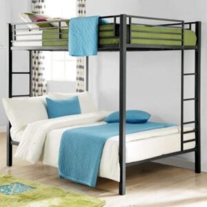 Bunker Loft bunk Bed with metal frame and blue and white bedding