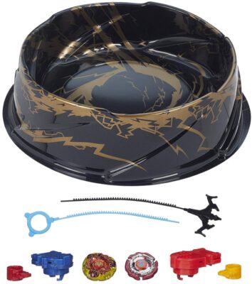 This is an image of kids beyblade battle set with black stadium
