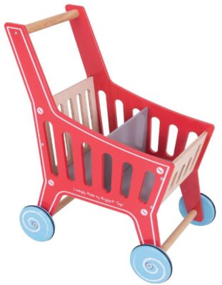 this is an image of kid's bigjigs shopping cart in red color