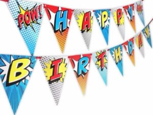 birthday party superhero banner with happy birthday written 