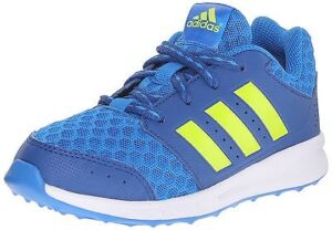 blue Adidas sneaker with yellow 3-stripes 