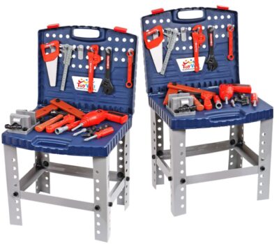 This is an image of 2 blue workbench with realistic tools