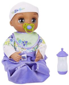 this is an image of baby's potty training doll brunette in violet and white colors