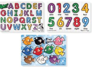Melissa & Doug Classic Peg Puzzle Bundle (Alphabet, Numbers and Fish Colors)