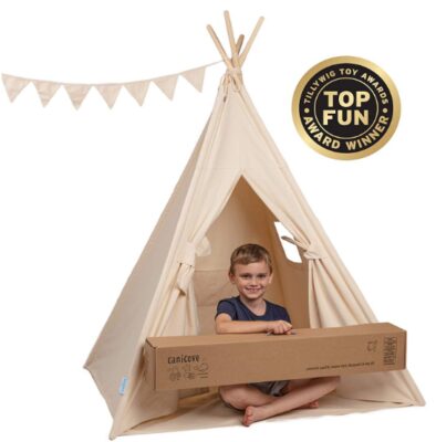 this is an image of kid's teepee tent canicove in beige color