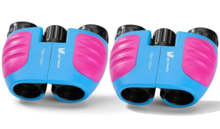 this is an image of kid's binoculars compact shock proof in light bleu and pink colors