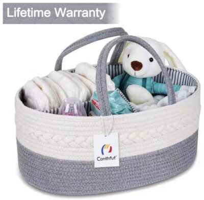 This is an image of babies diaper organizer in white and gray with lifetime warranty colors