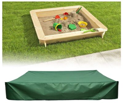 this is an image of a dustproof and waterproof green sandbox and swimming pool cover. 