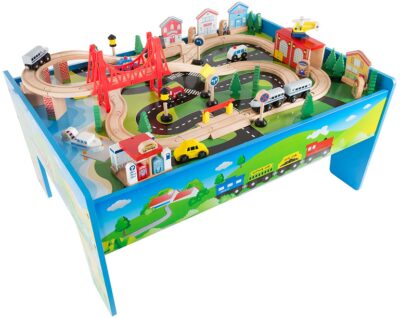 this is an image of kid's deluxe train set and table in multi-colored colors