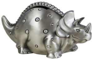 this is an image of kid's dinosaur piggy bank in silver color