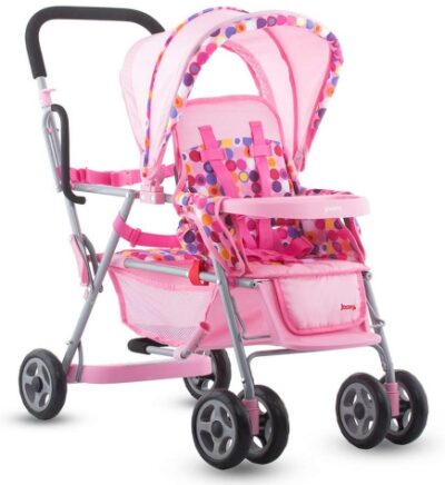 This is an image of pram doll in pink dot colors