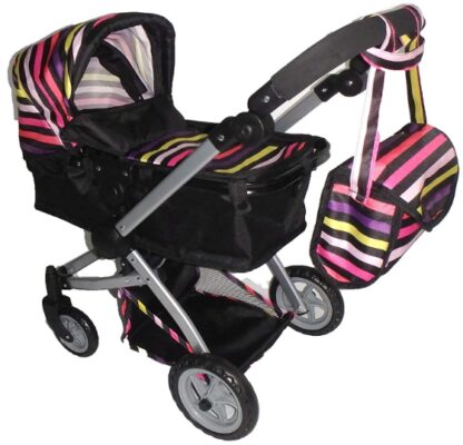 This is an image of Doll stroller with swiceling wheels and adjustable handle and carriage bag in black color