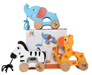 Wooden Pull Along Toy, Set of 3, Giraffe, Elephant and Zebra