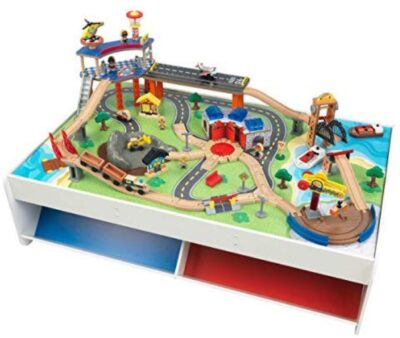 this is an image of kid's express wooden train set and table in multi-colored colors