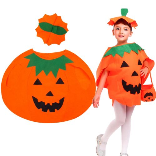 Little girl wearing a pumpkin Halloween costume 