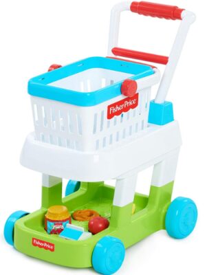 this is an image of kid's fisher price shopping cart in multi-colored colors