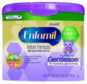 purple tub of baby formula with "enfamil gentlease" written on it