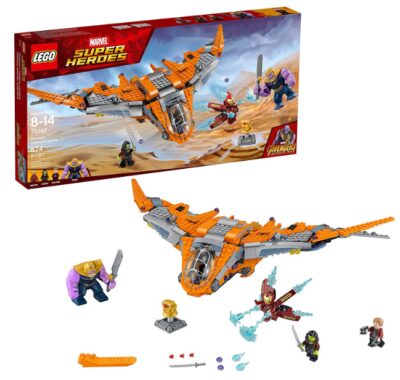 this is an image of kid's lego marvel galaxy starship building kit in yellow color