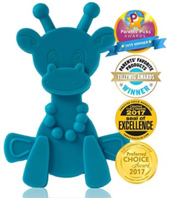 This is an image of a baby blue giraffe teether toy