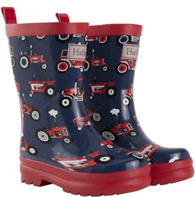 this is an image of kid's hatley printed rain boot in multi-colored colors