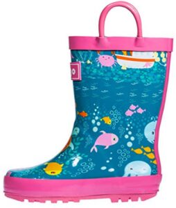 this is an image of kid's hibigo natural rubber rain boot in multi-colored colors