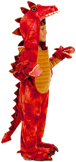 This is an image of a child dressed in a red dragon costume