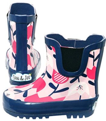 this is an image of kid's jan & jul natural rubber rain boot in multi-colored colors