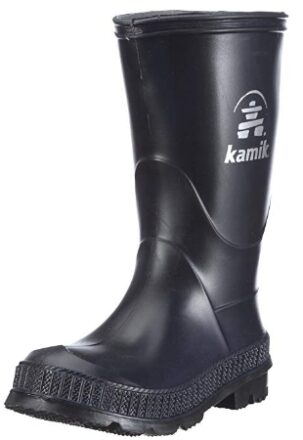 this is an image of kid's kamik stomp rain boot in blach color