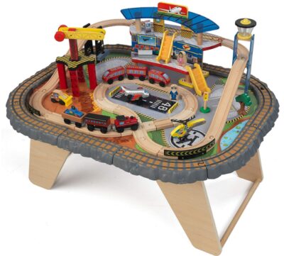 this is an image of kid's kidkraft transportation stationtrain set and table in multi-colored colors