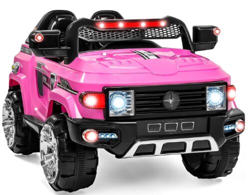 This is an image of pink truck ride on with remote control for kids 