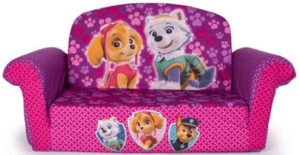 This is an image of kids paw patrol flip open sofa, Marshmallow 2-in-1 Flip Open Sofa, Paw Patrol Pink Edition, Made of Polyester PU Foam Material, Soft And Durable, For Kids Ages 18 Months and Up, 6028847