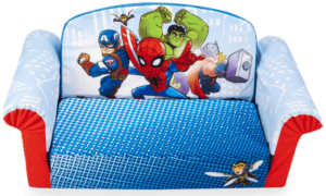 This is an image of kids marvel heroes flip open sofa, Marshmallow Furniture , Children's 2-in-1 Flip Open Foam Sofa, Marvel Super Hero Adventures, by Spin Master, Multi Color