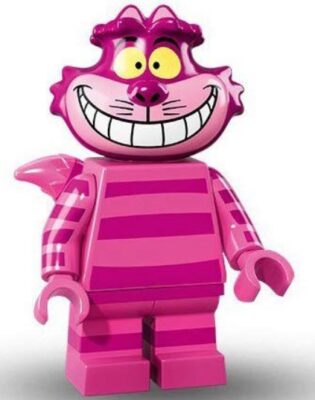 this is an image of kid's lego disney minifigure cheshire cat in pink color